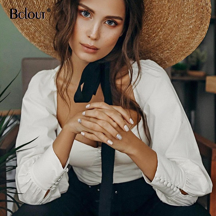 White Office Blouse Shirt Women Puff Sleeve Ladies Tops Tunic Blouses Women Square Collar Casual Shirts Buttons Autumn 2020