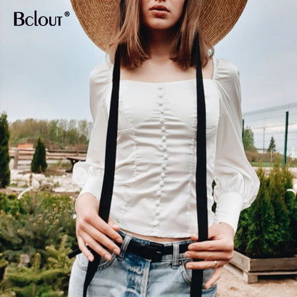 White Office Blouse Shirt Women Puff Sleeve Ladies Tops Tunic Blouses Women Square Collar Casual Shirts Buttons Autumn 2020