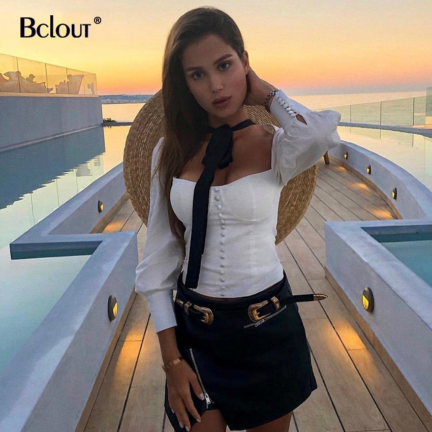 White Office Blouse Shirt Women Puff Sleeve Ladies Tops Tunic Blouses Women Square Collar Casual Shirts Buttons Autumn 2020