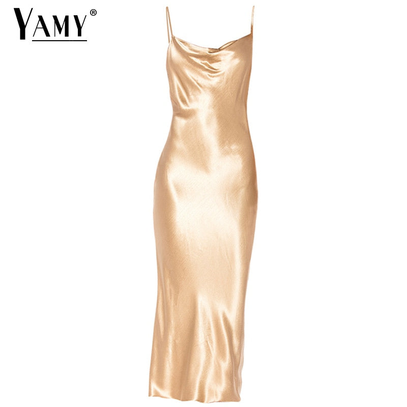 Sexy party dress long gold satin dress silk dress white club dress midi elegant dresses korean Christmas vestidos casual