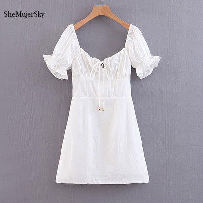 SheMujerSky Summer Vintage Mini Dress Women Lace Up V neck Dress 2019 vestido blanco verano Women's Blouse