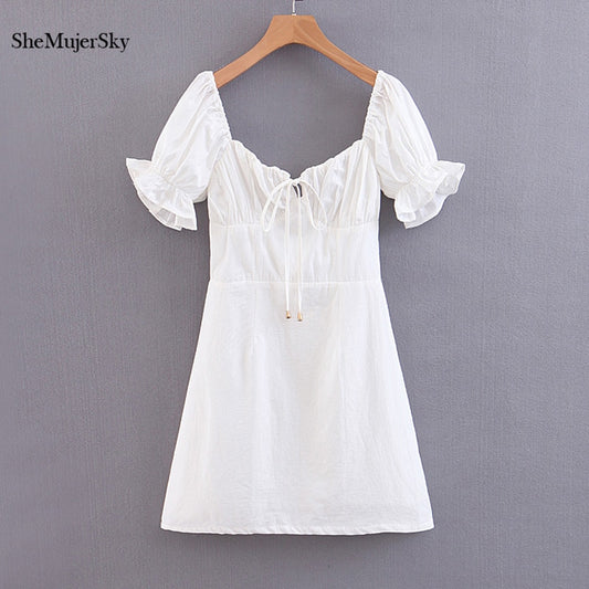 SheMujerSky Summer Vintage Mini Dress Women Lace Up V neck Dress 2019 vestido blanco verano Women's Blouse