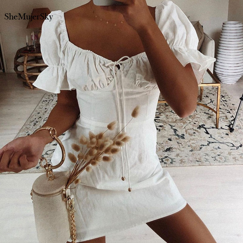 SheMujerSky Summer Vintage Mini Dress Women Lace Up V neck Dress 2019 vestido blanco verano Women's Blouse