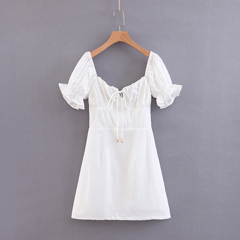 SheMujerSky Summer Vintage Mini Dress Women Lace Up V neck Dress 2019 vestido blanco verano Women's Blouse