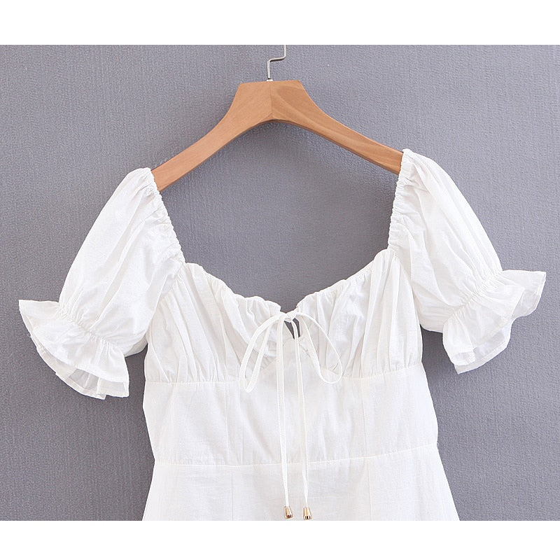 SheMujerSky Summer Vintage Mini Dress Women Lace Up V neck Dress 2019 vestido blanco verano Women's Blouse