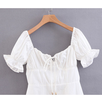 SheMujerSky Summer Vintage Mini Dress Women Lace Up V neck Dress 2019 vestido blanco verano Women's Blouse