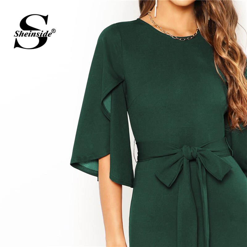 Sheinside Green Elegant Split Flutter Sleeve Pencil Dresses Women 2020 Spring Knee Length Half Sleeve Dress Ladies Midi Dress
