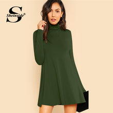 将图片加载到图库查看器，Sheinside Green High Neck Flowy Mini Dress Women Long Sleeve Fit and Flare Dresses Ladies Solid Casual Autumn Dress
