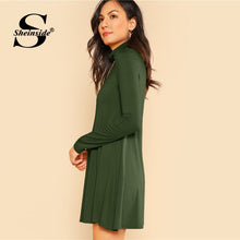 将图片加载到图库查看器，Sheinside Green High Neck Flowy Mini Dress Women Long Sleeve Fit and Flare Dresses Ladies Solid Casual Autumn Dress
