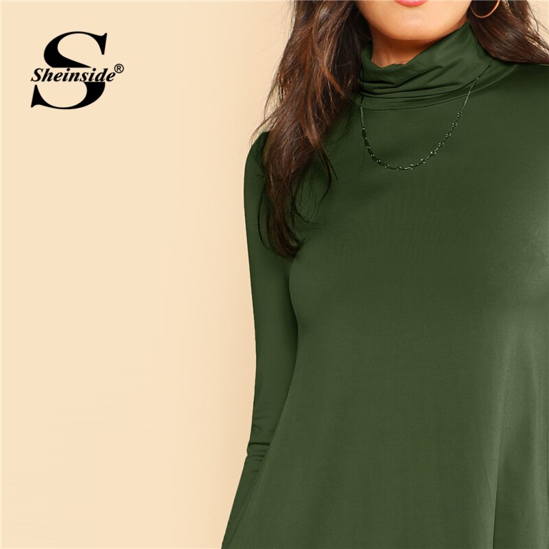 Sheinside Green High Neck Flowy Mini Dress Women Long Sleeve Fit and Flare Dresses Ladies Solid Casual Autumn Dress