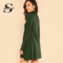 将图片加载到图库查看器，Sheinside Green High Neck Flowy Mini Dress Women Long Sleeve Fit and Flare Dresses Ladies Solid Casual Autumn Dress
