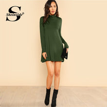 将图片加载到图库查看器，Sheinside Green High Neck Flowy Mini Dress Women Long Sleeve Fit and Flare Dresses Ladies Solid Casual Autumn Dress
