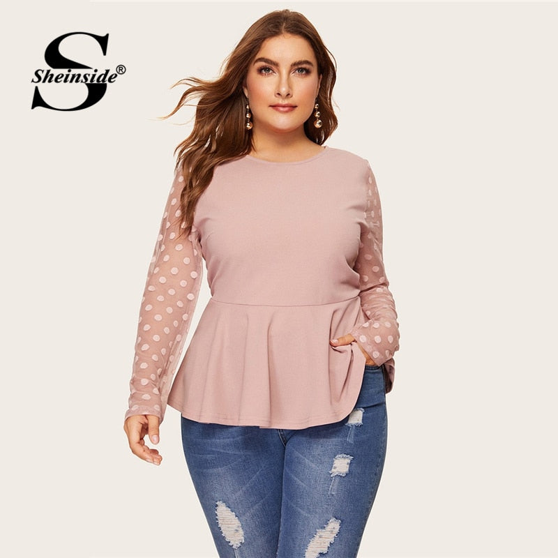 Sheinside Plus Size Elegant Polka Dot Mesh Sleeve Blouse Women 2019 Spring Ruffle Hem Blouses Ladies Solid Keyhole Back Top