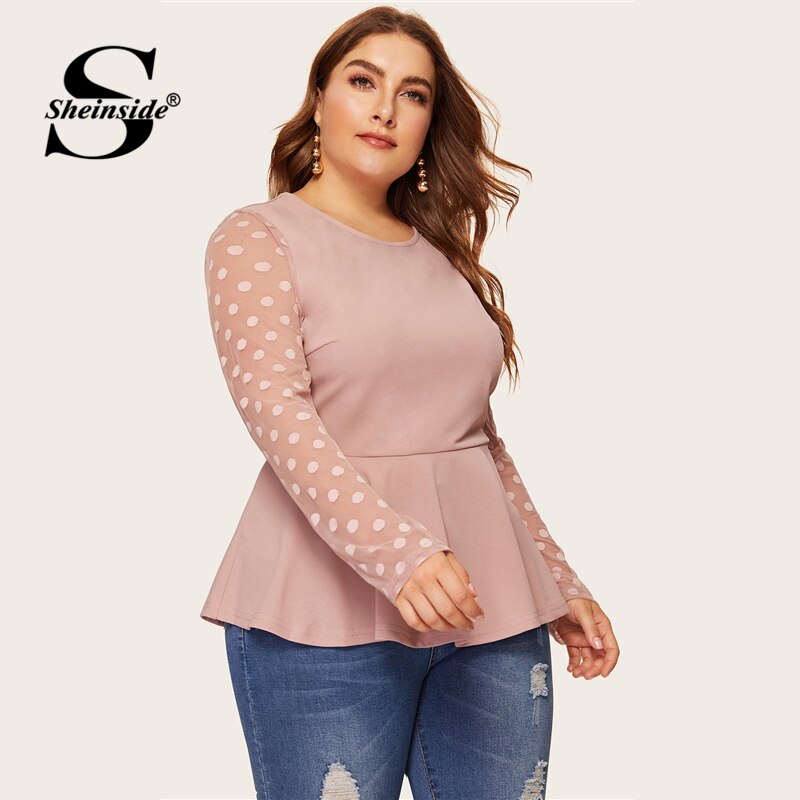 Sheinside Plus Size Elegant Polka Dot Mesh Sleeve Blouse Women 2019 Spring Ruffle Hem Blouses Ladies Solid Keyhole Back Top