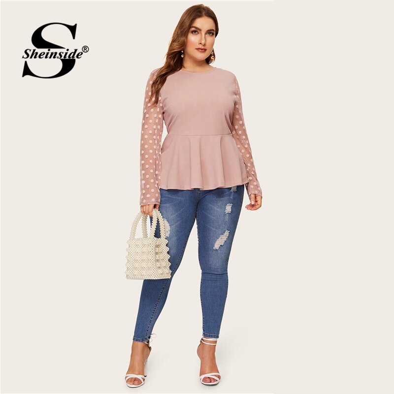 Sheinside Plus Size Elegant Polka Dot Mesh Sleeve Blouse Women 2019 Spring Ruffle Hem Blouses Ladies Solid Keyhole Back Top