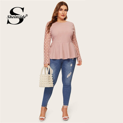 Sheinside Plus Size Elegant Polka Dot Mesh Sleeve Blouse Women 2019 Spring Ruffle Hem Blouses Ladies Solid Keyhole Back Top