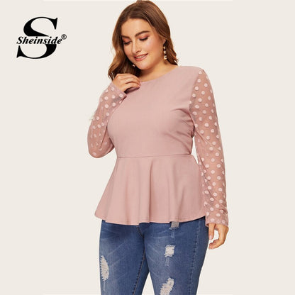 Sheinside Plus Size Elegant Polka Dot Mesh Sleeve Blouse Women 2019 Spring Ruffle Hem Blouses Ladies Solid Keyhole Back Top