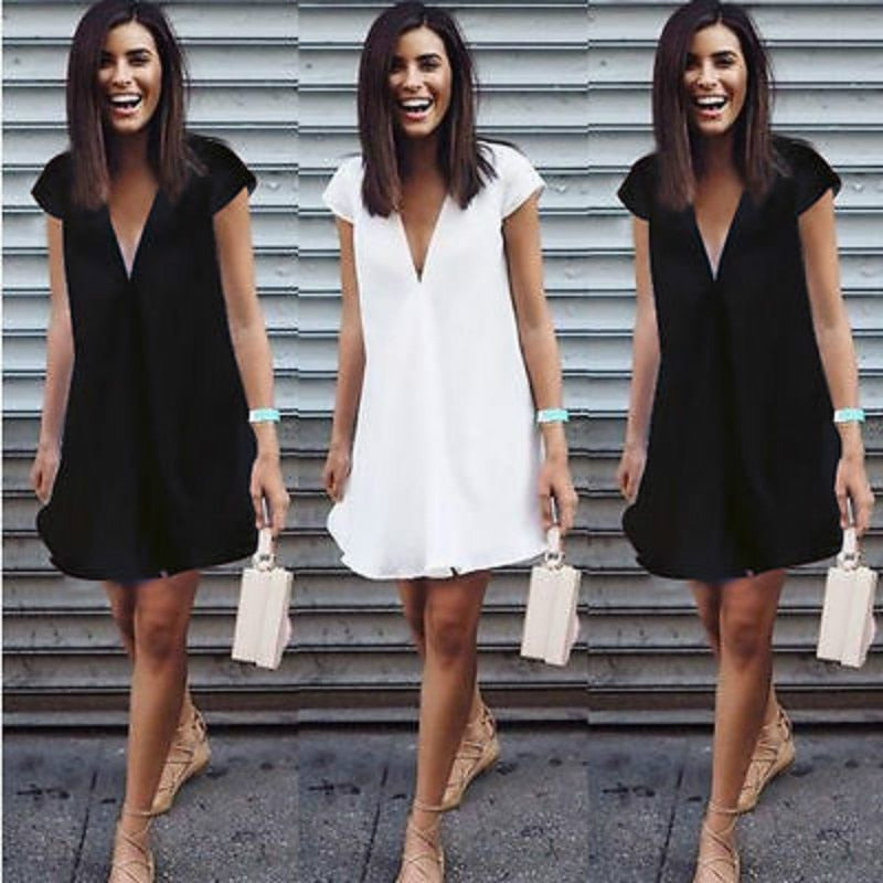 Short Mini Black Dress New Sexy Women Summer Deep V Neck Dresses Casual Plus Size White Summer Clothes