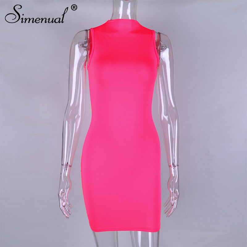 Simenual Neon Pink Sleeveless Women Mini Dress Bodycon Sexy Fashion Party Clubwear Skinny Solid Slim Basic 2019 Hot Dresses New