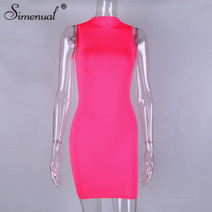 Simenual Neon Pink Sleeveless Women Mini Dress Bodycon Sexy Fashion Party Clubwear Skinny Solid Slim Basic 2019 Hot Dresses New