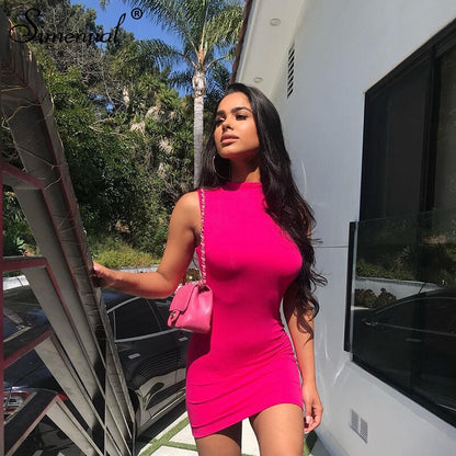 Simenual Neon Pink Sleeveless Women Mini Dress Bodycon Sexy Fashion Party Clubwear Skinny Solid Slim Basic 2019 Hot Dresses New