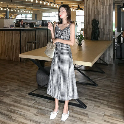 Simple Women's Pocket Polka Dots Cotton Midi Dress Summer Casual