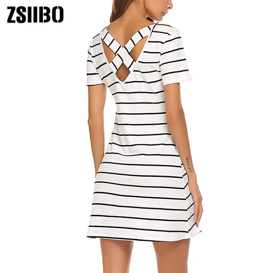 Striped Swing Dress Criss Cross Back Summer Large Size Mini Swing Dress Casual Stripe Criss Cross Short Sleeve T Shirt Mini Dress