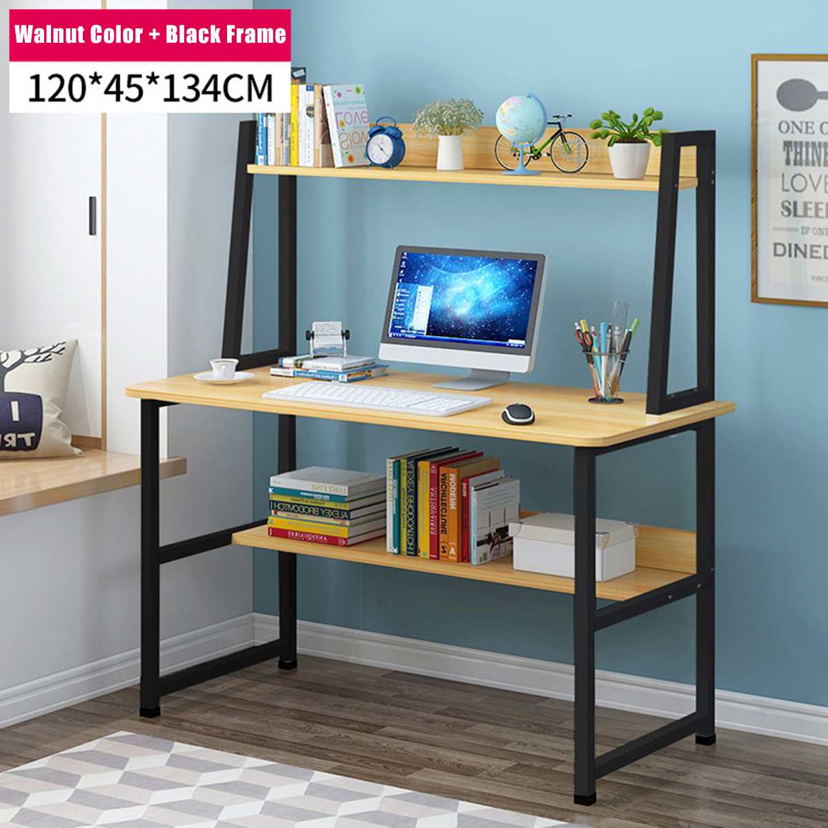 Simple Modern Woden Computer Desk Combination Steel Frame Tables Home Bedroom Desks with Bookshelf & Drawer Office Writing Desk