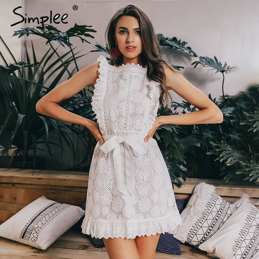 Simplee Elegant embroidery lace women dress Hollow out sashes ruffle white summer dress Slim sexy party lady dress vestidos 2019