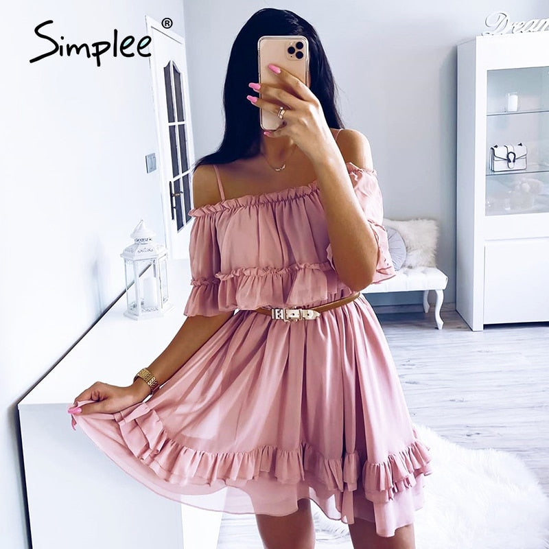 Simplee Elegant Ruffles Off Shoulder Women Dress Spaghetti Strap Chiffon summer dresses Casual holiday female pink short sundress