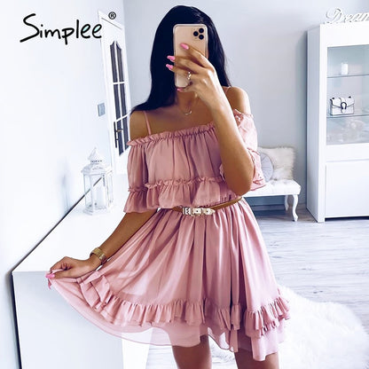 Simplee Elegant Ruffles Off Shoulder Women Dress Spaghetti Strap Chiffon summer dresses Casual holiday female pink short sundress