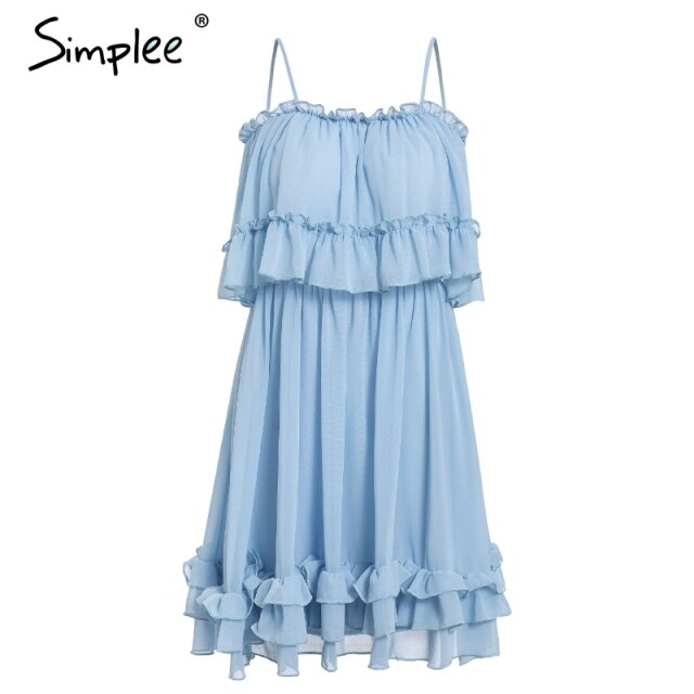 Simplee Elegant Ruffles Off Shoulder Women Dress Spaghetti Strap Chiffon summer dresses Casual holiday female pink short sundress