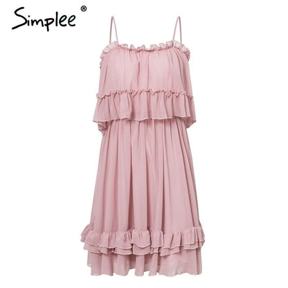 Simplee Elegant Ruffles Off Shoulder Women Dress Spaghetti Strap Chiffon summer dresses Casual holiday female pink short sundress
