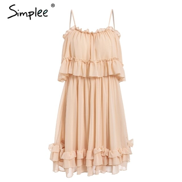 Simplee Elegant Ruffles Off Shoulder Women Dress Spaghetti Strap Chiffon summer dresses Casual holiday female pink short sundress