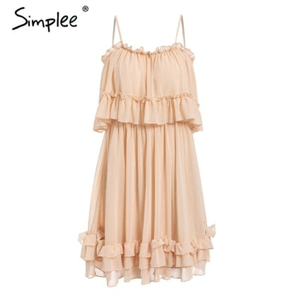 Simplee Elegant Ruffles Off Shoulder Women Dress Spaghetti Strap Chiffon summer dresses Casual holiday female pink short sundress