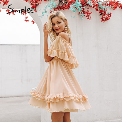 Simplee Elegant Ruffles Off Shoulder Women Dress Spaghetti Strap Chiffon summer dresses Casual holiday female pink short sundress