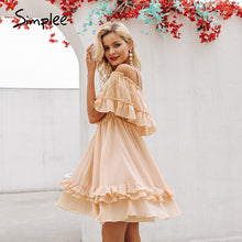 Load image into Gallery viewer, Simplee Elegant Ruffles Off Shoulder Women Dress Spaghetti Strap Chiffon summer dresses Casual holiday female pink short sundress
