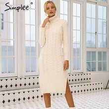 Load image into Gallery viewer, Simplee Women&#39;s Elegant Side Split Long Sleeve Sweater Dress Turtleneck Fit Warm Autumn Winter Sweater Dress White dresses fashion 2018
