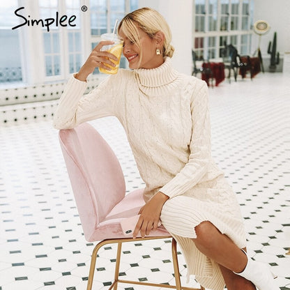 Simplee Women's Elegant Side Split Long Sleeve Sweater Dress Turtleneck Fit Warm Autumn Winter Sweater Dress White dresses fashion 2018