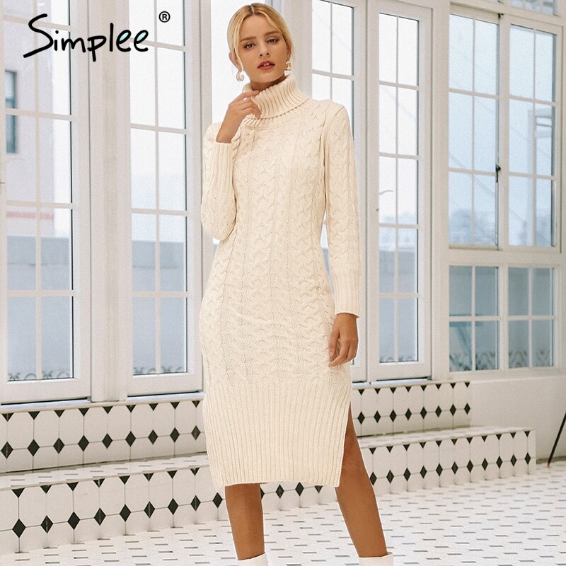 Simplee Women's Elegant Side Split Long Sleeve Sweater Dress Turtleneck Fit Warm Autumn Winter Sweater Dress White dresses fashion 2018