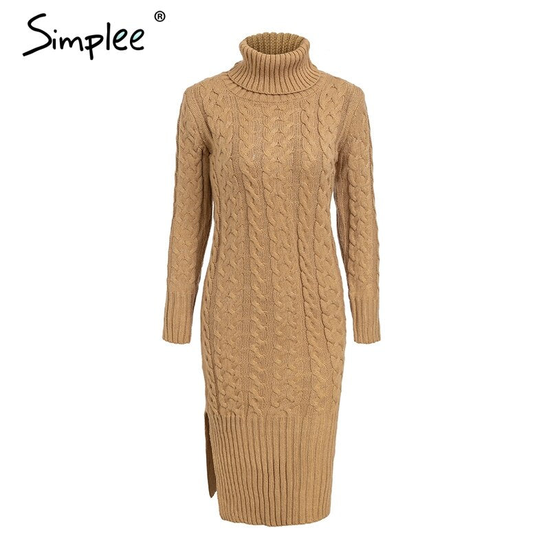 Simplee Women's Elegant Side Split Long Sleeve Sweater Dress Turtleneck Fit Warm Autumn Winter Sweater Dress White dresses fashion 2018