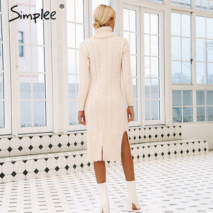 Simplee Women's Elegant Side Split Long Sleeve Sweater Dress Turtleneck Fit Warm Autumn Winter Sweater Dress White dresses fashion 2018