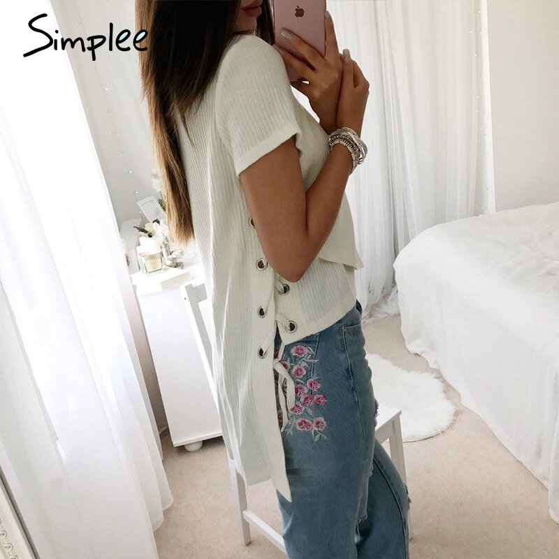 Simplee Lace Up Irregular Women's T-shirt Short Sleeve Split Blouse Female Hollow out