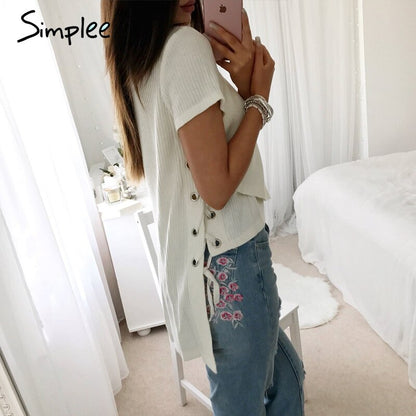 Simplee Lace Up Irregular Women's T-shirt Short Sleeve Split Blouse Female Hollow out