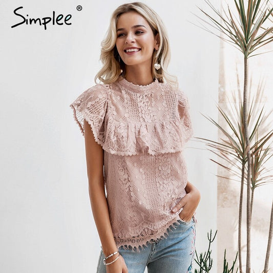 Simplee O Neck Lace hollow Out Women's Blouse shirt Embroidery ruffle lining elegant blouses female Summer party blouses and tops