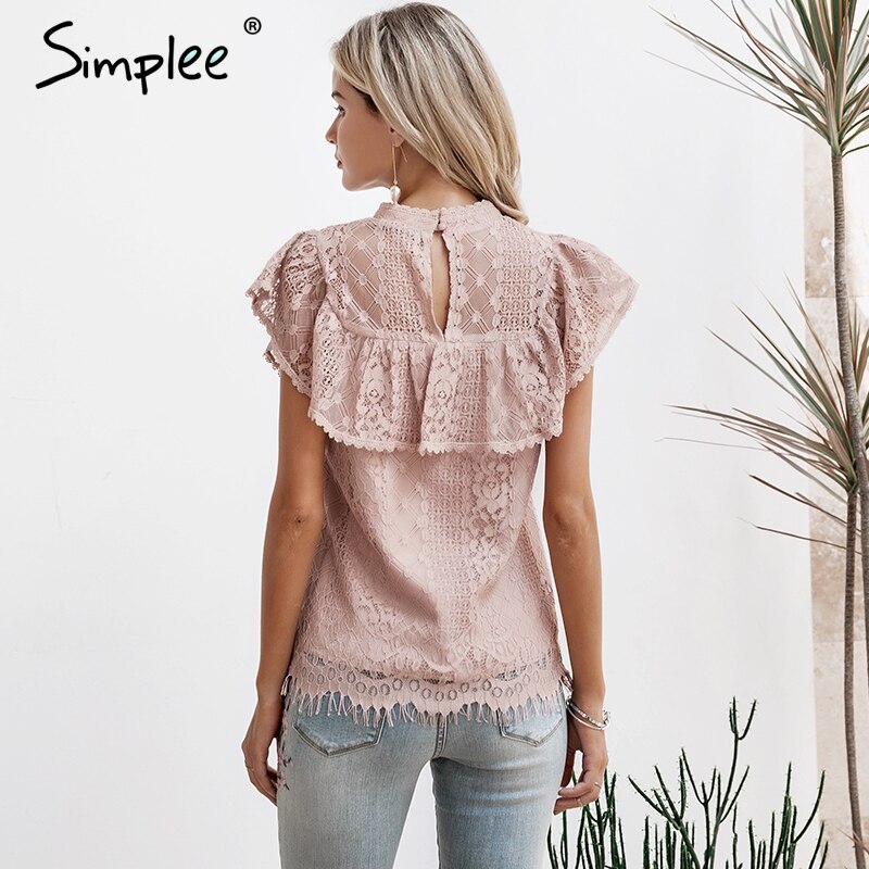 Simplee O Neck Lace hollow Out Women's Blouse shirt Embroidery ruffle lining elegant blouses female Summer party blouses and tops