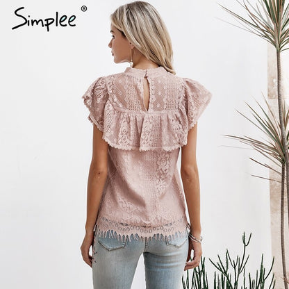 Simplee O Neck Lace hollow Out Women's Blouse shirt Embroidery ruffle lining elegant blouses female Summer party blouses and tops