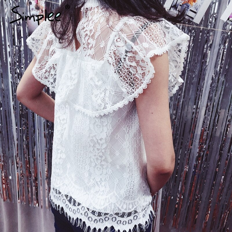 Simplee O Neck Lace hollow Out Women's Blouse shirt Embroidery ruffle lining elegant blouses female Summer party blouses and tops