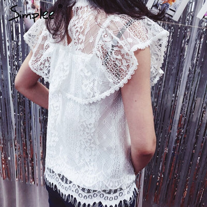 Simplee O Neck Lace hollow Out Women's Blouse shirt Embroidery ruffle lining elegant blouses female Summer party blouses and tops