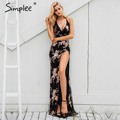 Simplee Sexy Lace Up Halter Sequin Dress Women's High Split Maxi Dress Special Events Female Christmas Evening Long Dress